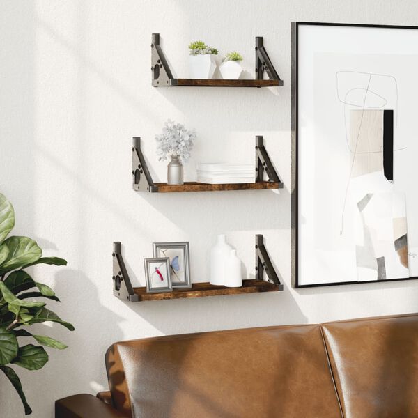 vidaXL Vegghyllesett 3 stk røkt eik konstruert tre