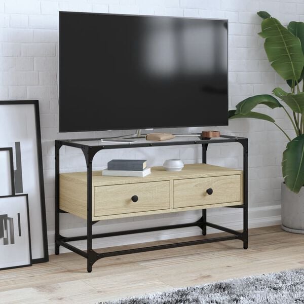 vidaXL TV-benk med glasstopp sonoma eik 80x35x51 cm konstruert tre