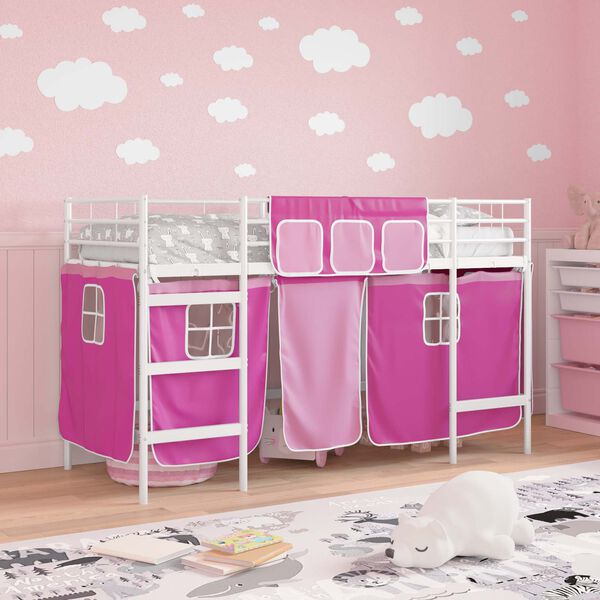 vidaXL Kiddos Loft Senge Ramme med Gardiner Hvit og Rosa 100 x 190 cm