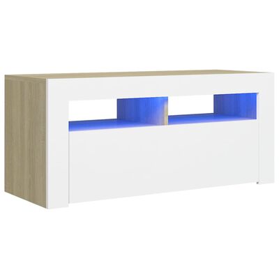 vidaXL TV-benk med LED-lys hvit og sonoma eik 90x35x40 cm