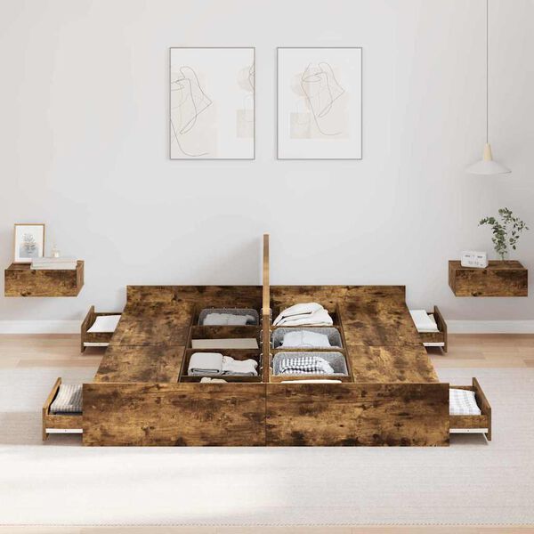 vidaXL Seng med lagring med skuff Røkt eik 135 x 190 cm Konstruert tre