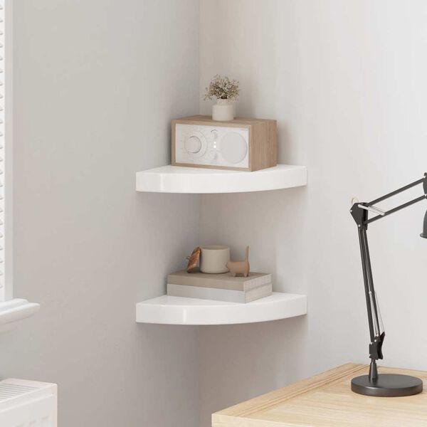 vidaXL Flytende hj&oslash;rnehyller 2 stk h&oslash;yglans hvit 25x25x3,8 cm MDF