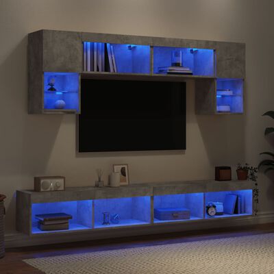vidaXL Vegghengte TV-enheter med LED 6 deler betonggrå konstruert tre
