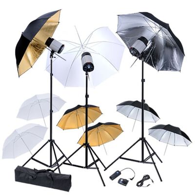 Studio Sett: 3 Flash hoder, 9 paraplyer og 3 stativer