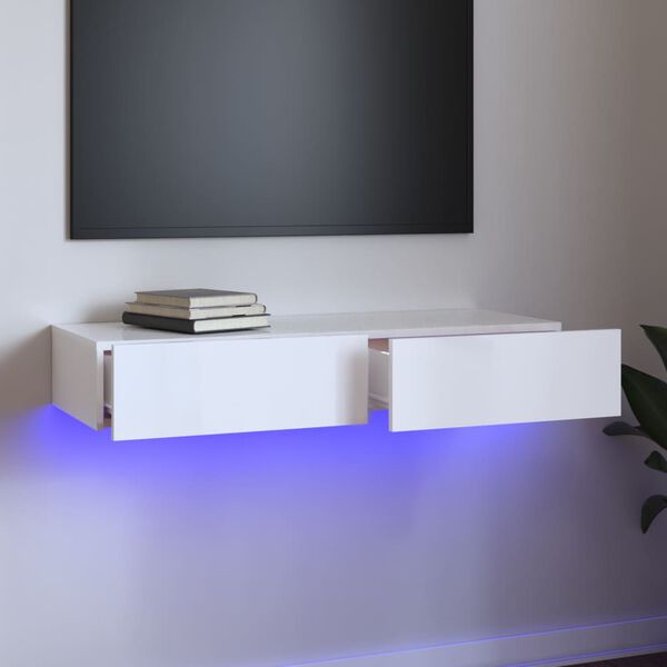 vidaXL TV-benk med LED-lys h&oslash;yglans hvit 90x35x15,5 cm