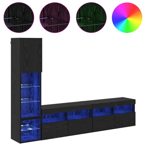 vidaXL TV Vegg-enhet med LED 4 pcs Svart Eik Konstruert tre