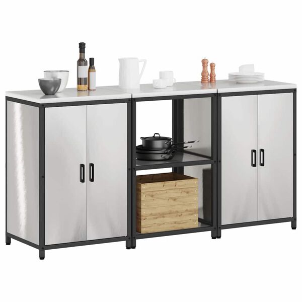 vidaXL Kj&oslash;kkenoppbevaringssett med hylle 3 pcs s&oslash;lv Rustfritt St&aring;l