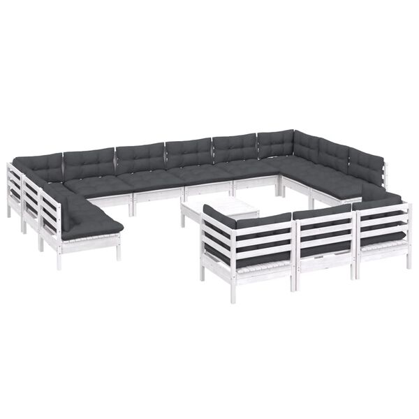 vidaXL Hagesofagruppe med puter 14 deler furu hvit