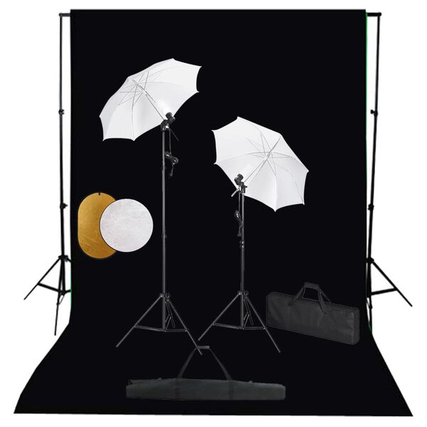 vidaXL Fotostudiosett med lamper, paraplyer, bakgrunn og reflektor