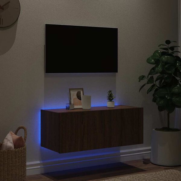 vidaXL Vegghengt TV-benk med LED brun eik 80x35x31 cm