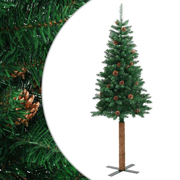 vidaXL Slankt juletre med ekte tre og furukongler grønn 210 cm PVC