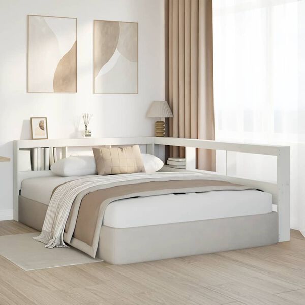 vidaXL Bokhylle sengegavl L-formet hvit 135 cm heltre furu