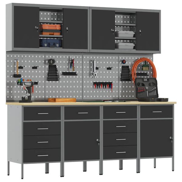 vidaXL Arbeidsskap med skuff 10 pcs Svart Konstruksjonsvirke og st&aring;l