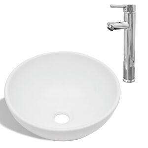 vidaXL Baderomsvask med kran keramisk rund hvit