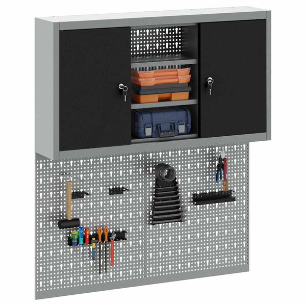 vidaXL Verktøyskab og Pegboard Sett 3 pcs Svart 100 x 20 x 115 cm Stål