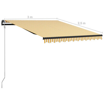 vidaXL Uttrekkbar markise med vindsensor og LED 300x250 cm gul og hvit