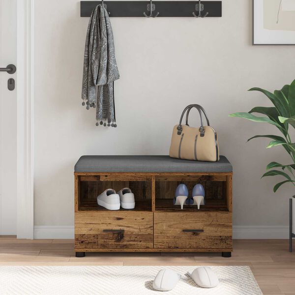 vidaXL Gangbenk med pute med skuff Gammelt tre 80 x 38 x 46 cm