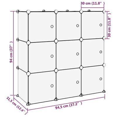 vidaXL Oppbevaringshylle med 9 kuber og dører gjennomsiktig PP