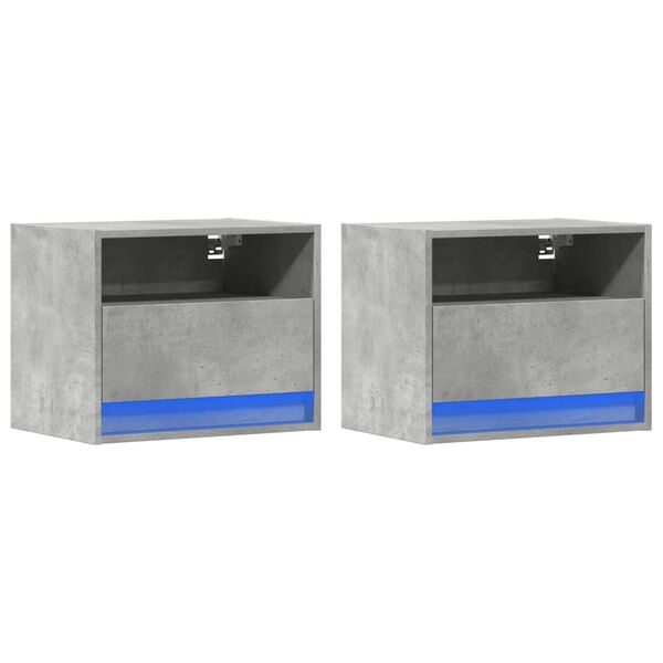 vidaXL Vegghengte nattbord med LED-lys 2 stk betonggr&aring;