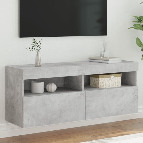 vidaXL Vegghengt TV-benk med LED-lys betonggr&aring; 100x30x40 cm