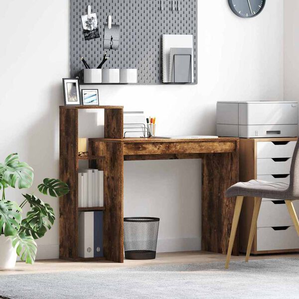 vidaXL Skrivebord med hylle Røkt eik 100 x 40 x 90 cm Konstruert tre