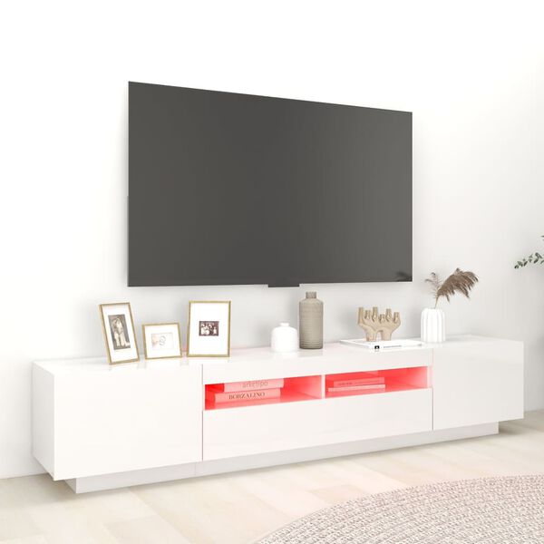 vidaXL TV-benk med LED-lys h&oslash;yglans hvit 200x35x40 cm