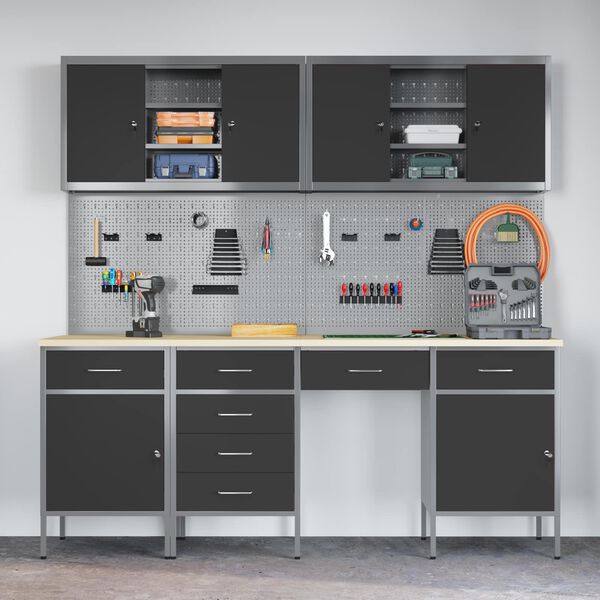 vidaXL Arbeidsskap med skuff 10 pcs Svart Konstruksjonsvirke og st&aring;l