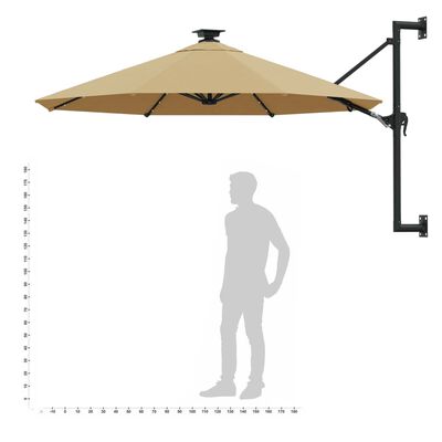 vidaXL Veggmontert parasoll med LED og metallstolpe 300 cm gråbrun