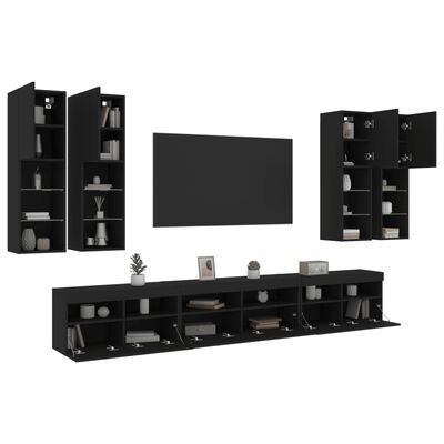 vidaXL Vegghengte TV-benker med LED 7 stk svart