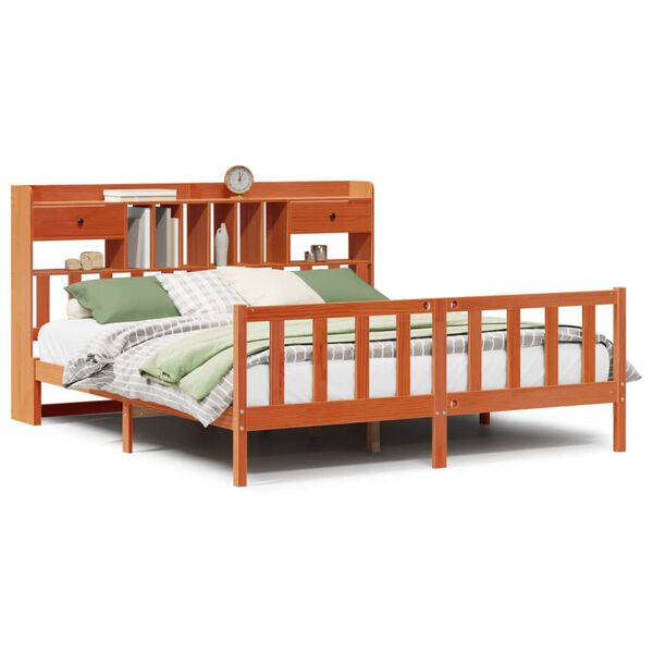 vidaXL Seng med bokhylle uten madrass voksbrun 180x200 cm heltre furu