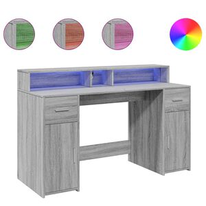 vidaXL Skrivebord med LED-lys gr&aring; sonoma 140x55x91 cm konstruert tre