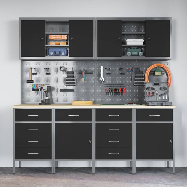 vidaXL Arbeidsskap med skuff 10 pcs Svart Konstruksjonsvirke og st&aring;l