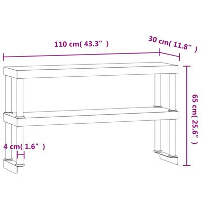 vidaXL Overhylle til matlagingsbord 2 lag 110x30x65 cm rustfritt stål