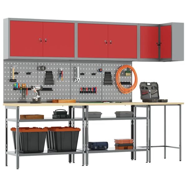 vidaXL Sett med arbeidskabinetter med hylle med l&aring;s 10 pcs R&oslash;d og Gr&aring;