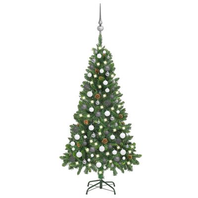 vidaXL Forhåndsbelyst kunstig juletre med kulesett og kongler 150 cm