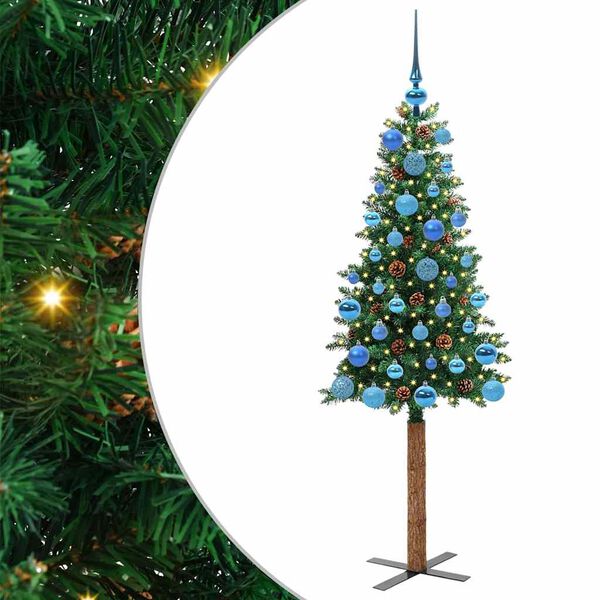 vidaXL Slim juletre med 150 LED gr&oslash;nn 150 cm PVC og Massivt Furu tre
