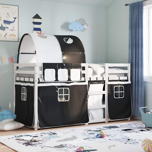 vidaXL K&oslash;yeseng med gardiner hvit og svart 90x190 cm heltre furu