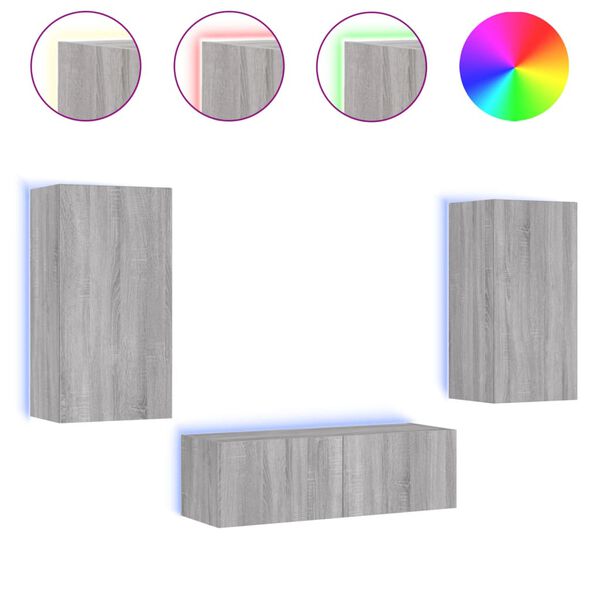 vidaXL Vegghengte TV-benker med LED 3 stk gr&aring; sonoma