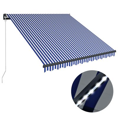 vidaXL Manuell uttrekkbar markise med LED 300x250 cm blå og hvit
