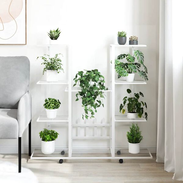 vidaXL Blomsterstativ med hjul 94,5x24,5x91,5 cm hvit jern