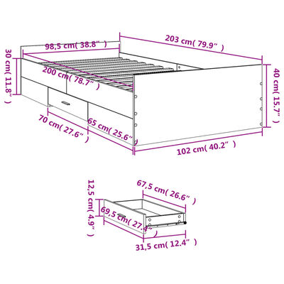 vidaXL Sengeramme med skuffer betonggrå 100x200 cm konstruert tre
