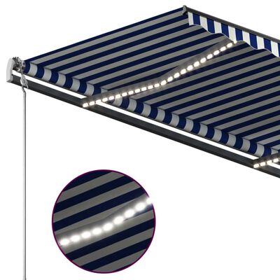 vidaXL Manuell uttrekkbar markise med LED 4,5x3 m blå og hvit