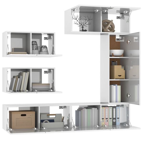 vidaXL TV-skapsett 6 deler h&oslash;yglans hvit konstruert tre