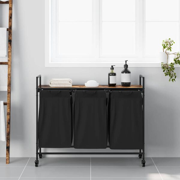 vidaXL skittentøyskurv 3 rom med hjul røkt eik