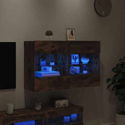 vidaXL Vegghengt TV-benk med LED-lys røkt eik 98,5x30x60,5 cm