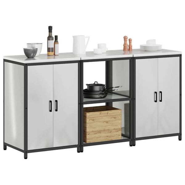 vidaXL Kj&oslash;kkenoppbevaringssett med hylle 3 pcs s&oslash;lv Galvanisert St&aring;l