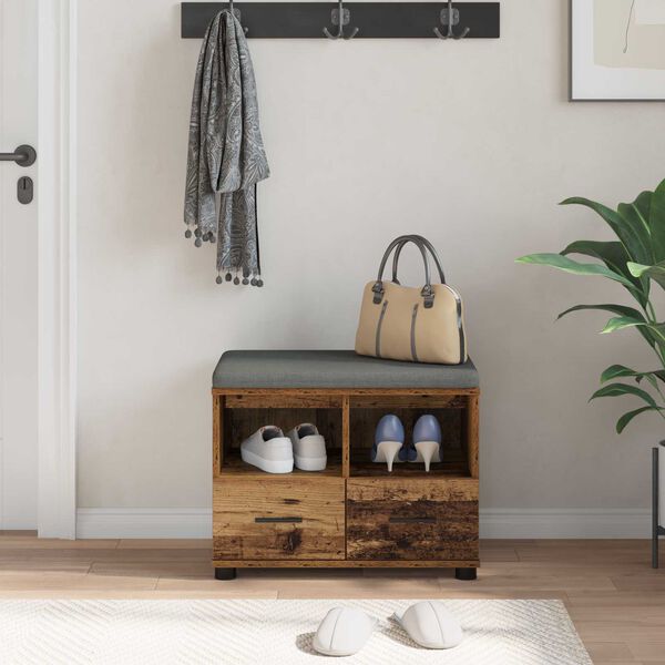 vidaXL Gangbenk med pute med skuff Gammelt tre 60 x 38 x 46 cm