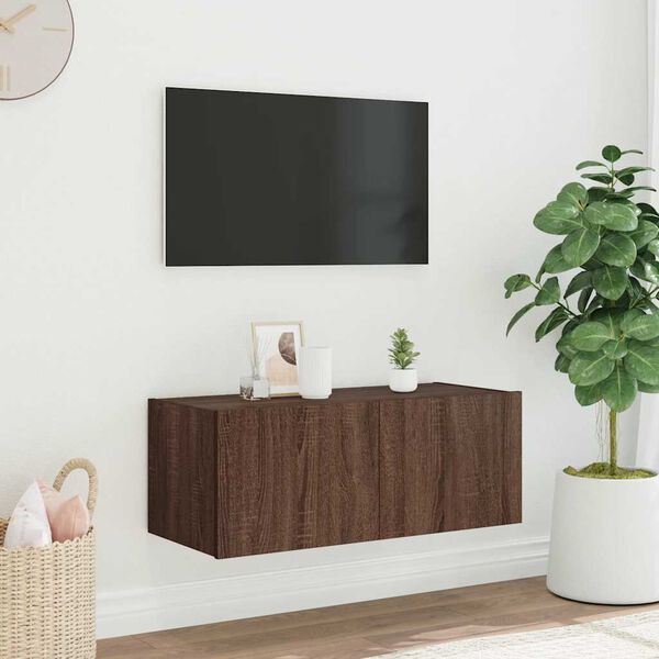 vidaXL Vegghengt TV-benk med LED brun eik 80x35x31 cm