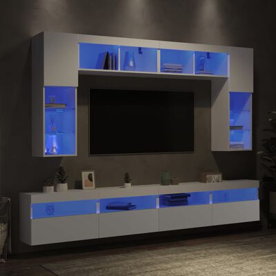 vidaXL Vegghengte TV-benker med LED 8 stk hvit