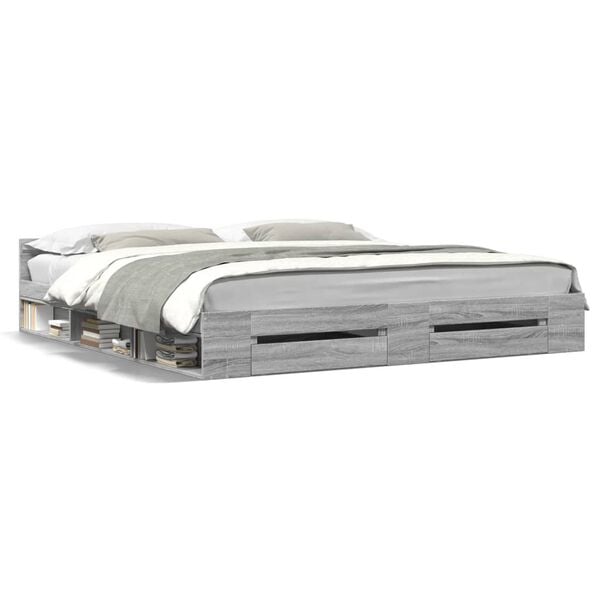 vidaXL Sengeramme med skuffer gr&aring; sonoma 200x200 cm konstruert tre